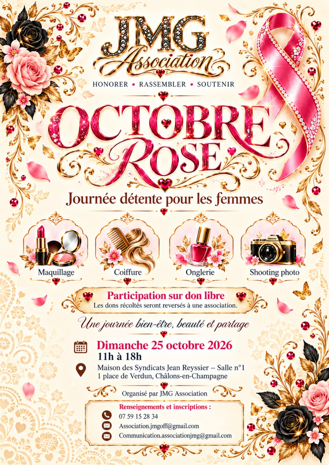 Affiche officielle JMG Association : Octobre Rose, journée détente pour les femmes, dimanche 25 octobre 2026 de 11 h à 18 h à la Maison des Syndicats Jean Reyssier, salle n°1, Châlons-en-Champagne