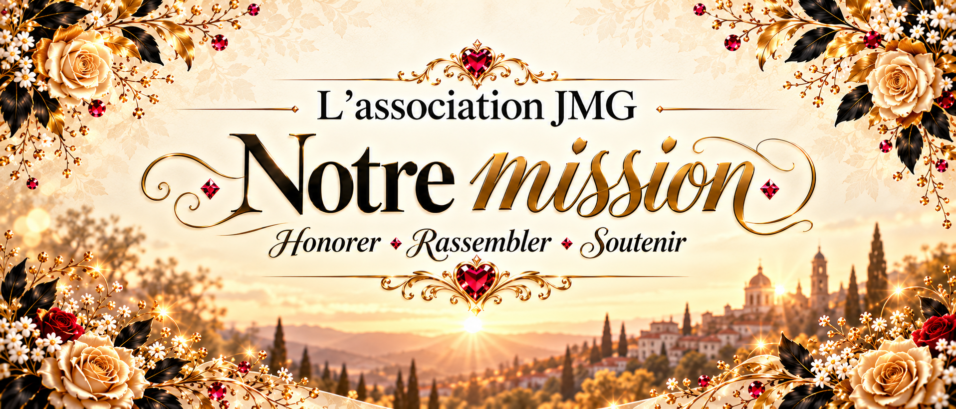 JMG Association, Notre mission, Honorer Rassembler Soutenir, dans un décor ivoire et or de roses et de rubis